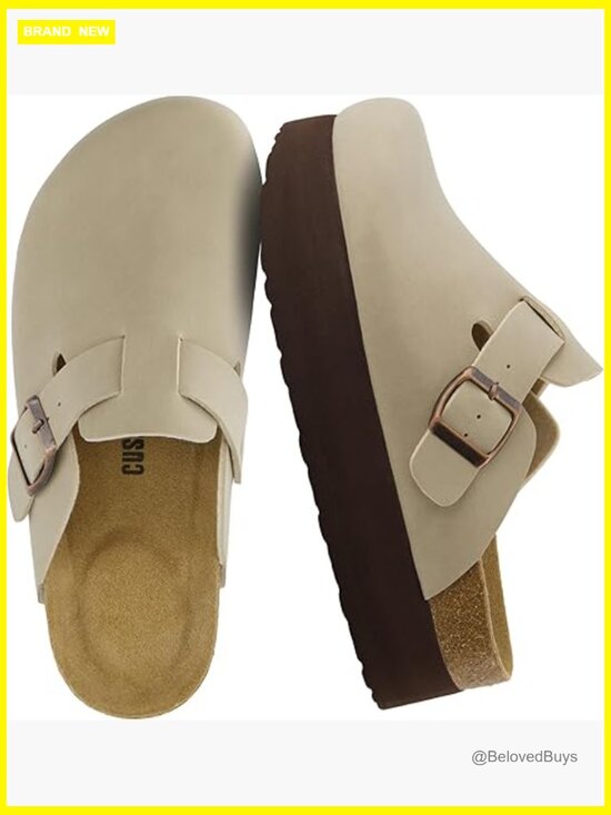 Shoes - Vegan Suede Platform Clogs with Adjustable Buckle and Memory Foam Cork Footbed